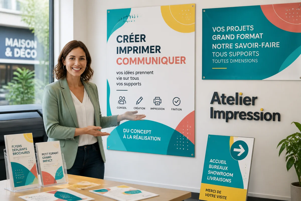 Professionnelle de Colmar Print présentant affiche, bâche, lettrage et panneau signalétique dans un espace lumineux