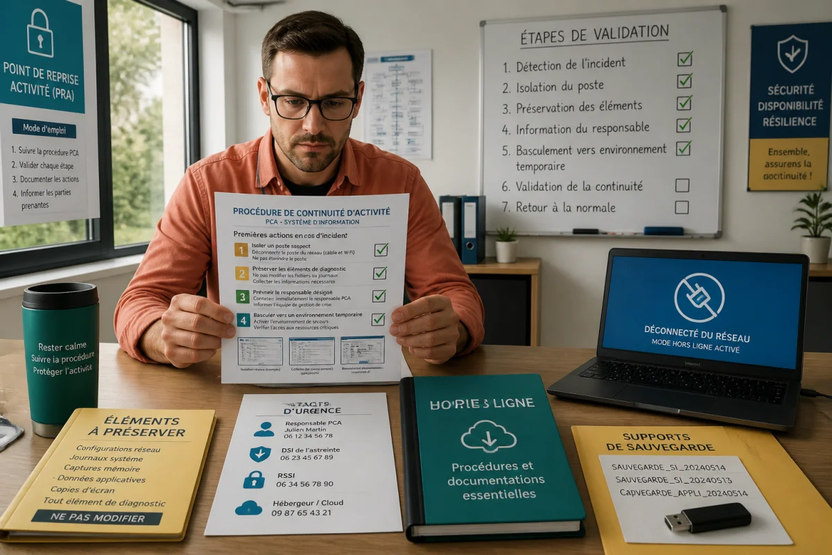 Responsable informatique consultant une procédure de continuité d’activité en entreprise dans un espace de reprise temporaire organisé