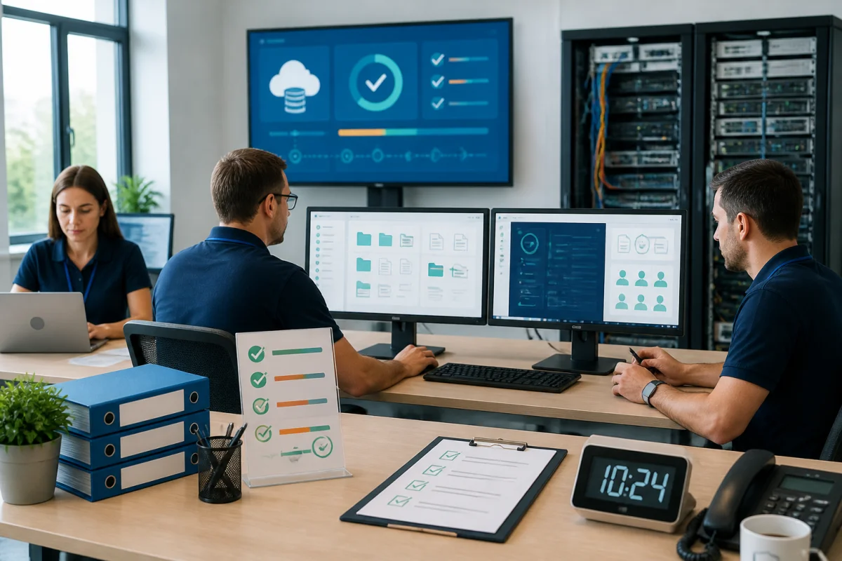 Équipe informatique vérifiant la restauration de fichiers et applications pour assurer la continuité d’activité en entreprise