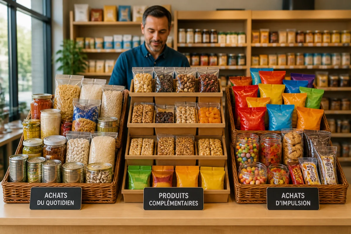Présentoir CSC France de confiseries, snacks et produits d’épicerie organisés en trois catégories pour les achats professionnels