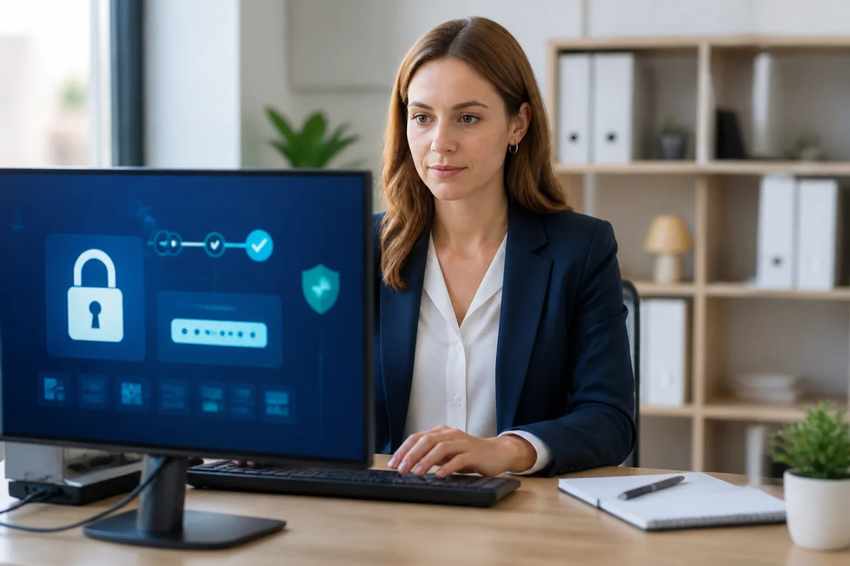 cybersecurite entreprises protection comptes e36f 1 Professionnelle vérifiant la protection de comptes professionnels, illustrant la cybersécurité des entreprises dans un bureau moderne