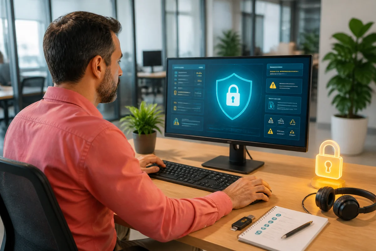 Expert sécurisant un poste informatique, illustrant une méthode concrète de cybersécurité des entreprises en environnement professionnel