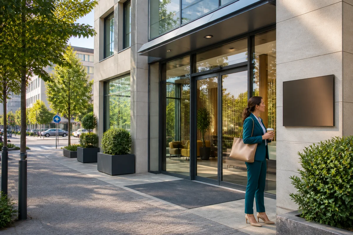 Entrepreneuse devant un centre d’affaires moderne, illustrant une domiciliation d’entreprise professionnelle et crédible