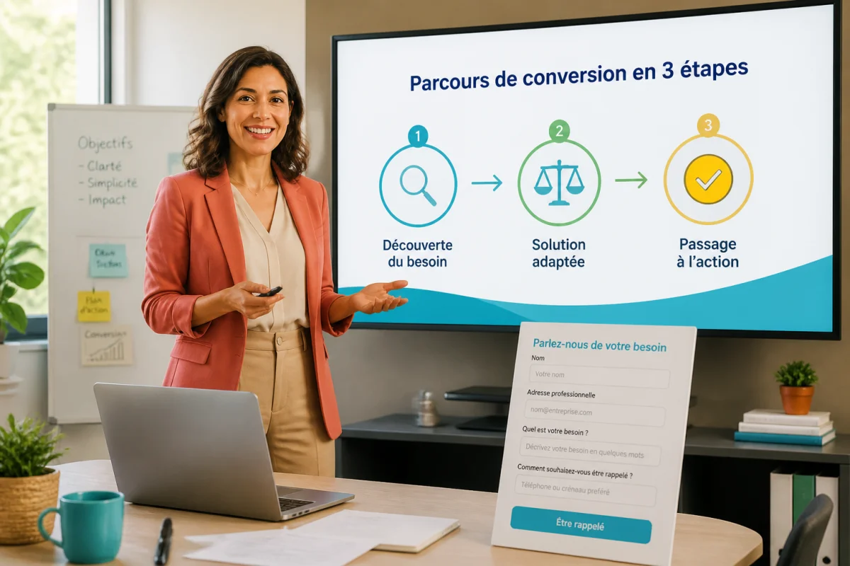 Professionnelle présentant un parcours de conversion en trois étapes pour générer des leads en entreprise, avec formulaire simplifié.