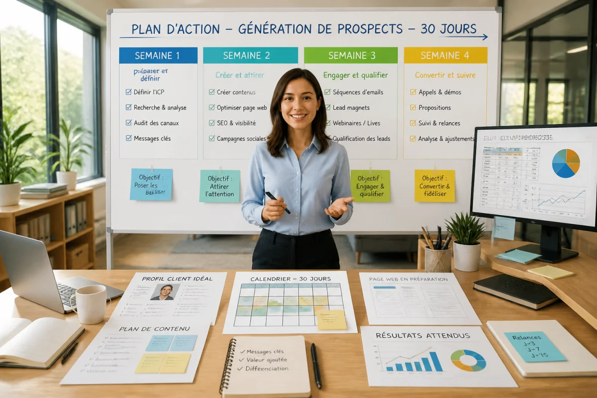 Professionnel présentant un plan d’action sur trente jours pour générer des leads en entreprise, organisé en quatre étapes hebdomadaires