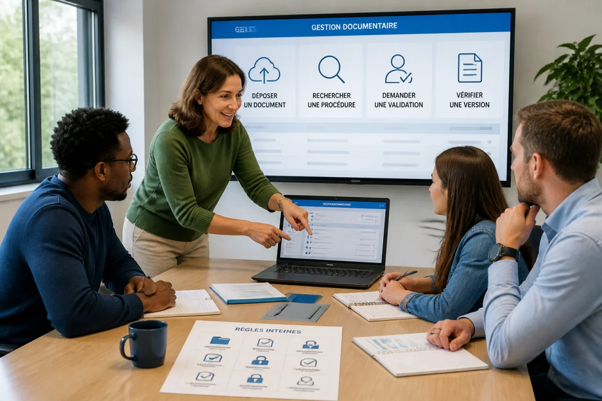 Formation pratique à la gestion documentaire en entreprise avec une formatrice et trois employés devant un ordinateur
