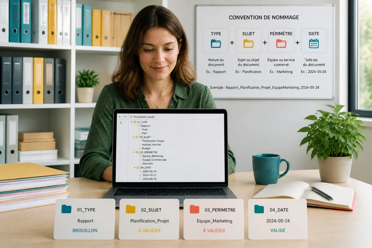 Professionnelle organisant des dossiers numériques selon une convention de nommage structurée pour optimiser la gestion documentaire en entreprise