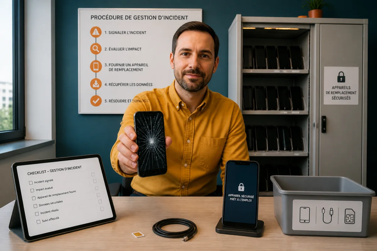 Responsable informatique gérant un téléphone professionnel fissuré et un appareil de remplacement sécurisé en entreprise
