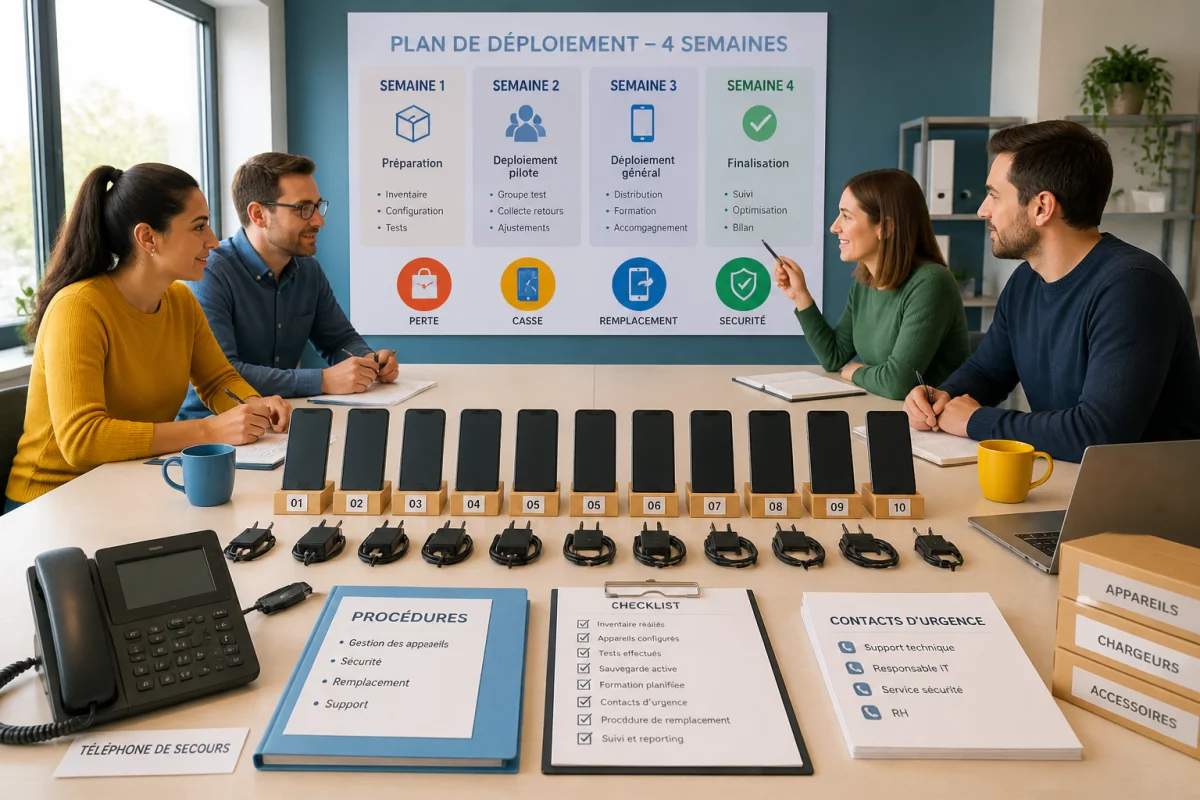 gestion parc mobile entreprise ee18 1 Équipe organisant la gestion du parc mobile en entreprise avec téléphones professionnels, checklist et planning de déploiement