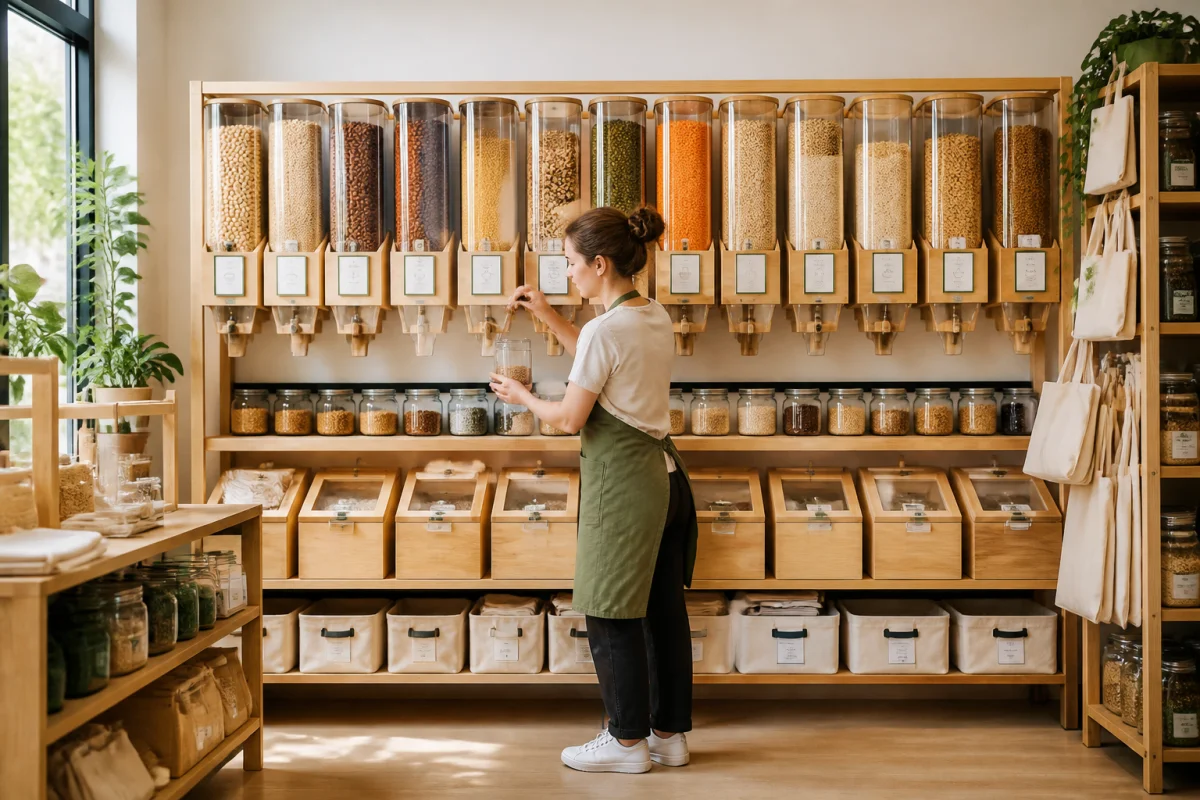 Gestion des rayons vrac en magasin : employée organise distributeurs hygiéniques, étiquettes et contenants dans un espace chaleureux.