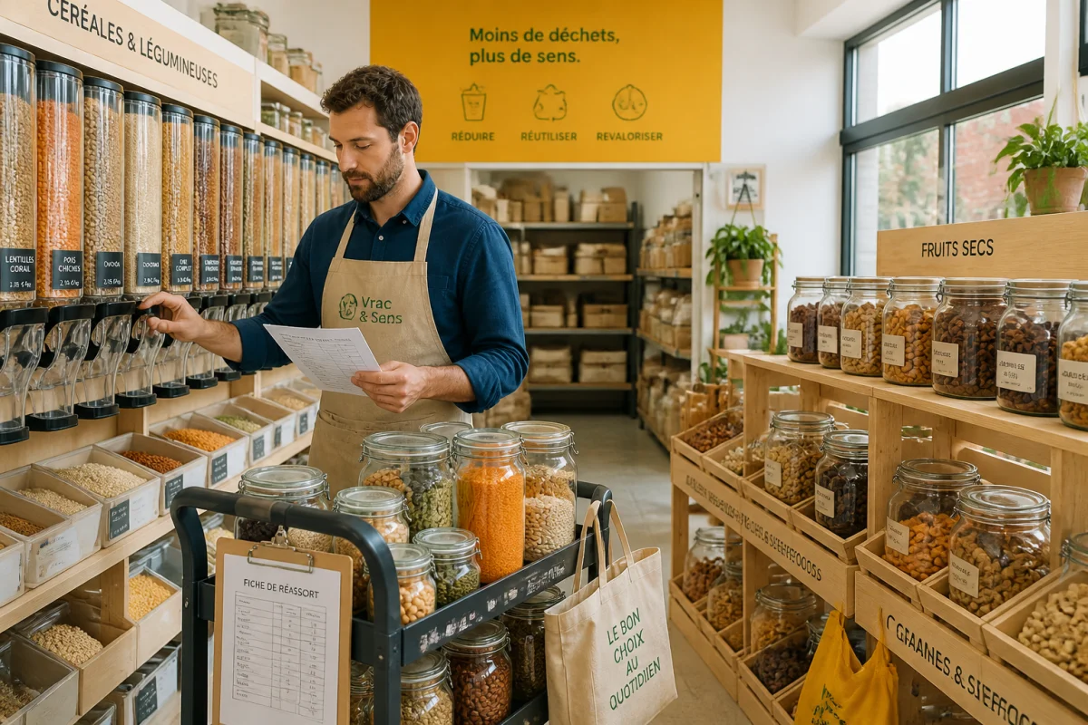 Employé organisant le réassort de rayons vrac en magasin avec chariot, silos transparents et stocks classés par produits