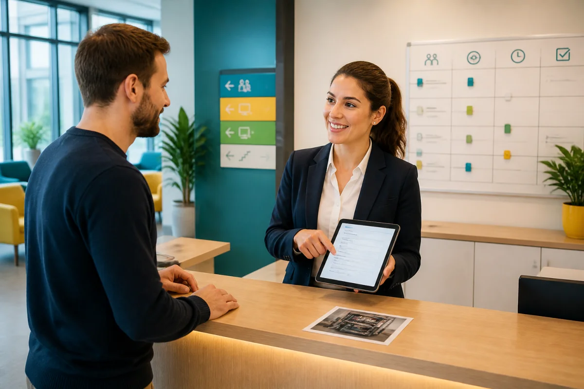 Agente d’accueil échange avec un salarié pour assurer la gestion des services de proximité en entreprise sur tablette