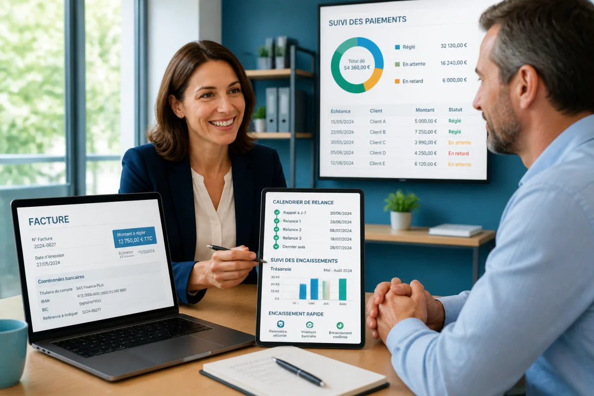 Gestion de trésorerie en entreprise : responsable financière et client vérifiant une facture numérique pour accélérer les encaissements