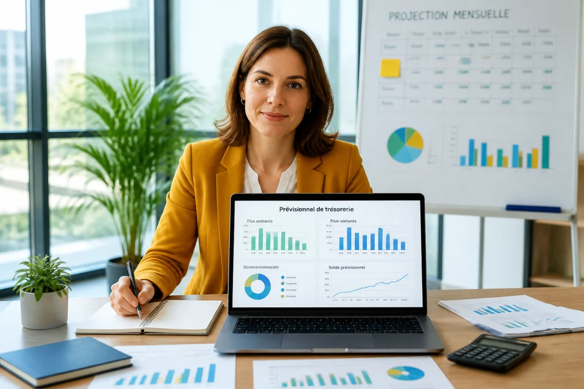 Professionnelle analysant un prévisionnel de gestion de trésorerie en entreprise sur ordinateur, avec graphiques financiers et documents.