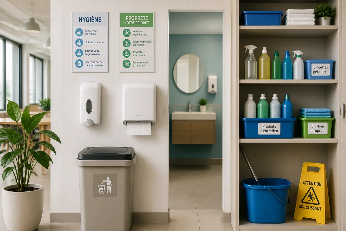 Équipements d’hygiène bien organisés dans un espace de travail moderne pour favoriser l’hygiène au travail en entreprise