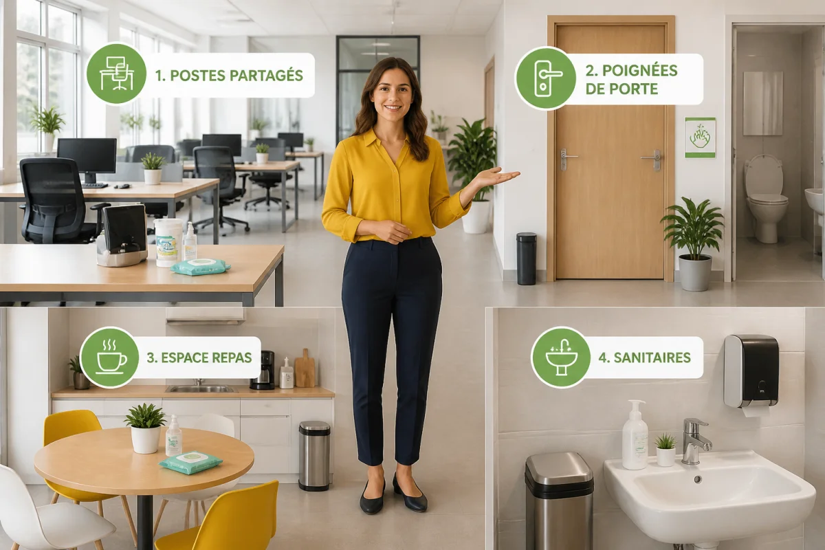 Employée présentant les quatre zones prioritaires d’hygiène au travail en entreprise dans un bureau moderne