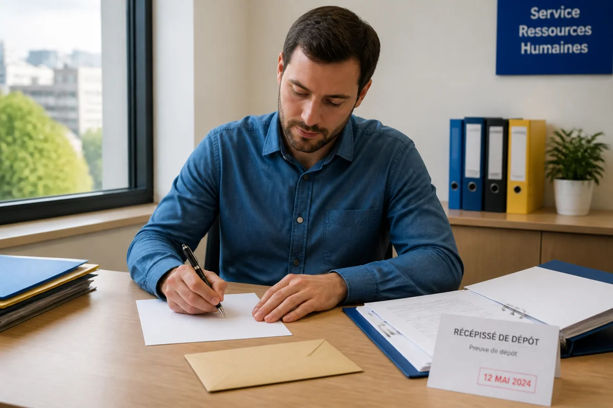 lettre demission disponibilite fonction publique 68ed 1 Agent public rédigeant une lettre de démission pendant une disponibilité, avec enveloppe et récépissé de dépôt sur un bureau administratif