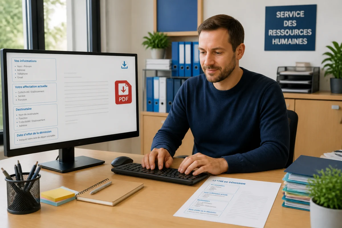Agent territorial rédigeant une lettre de démission sur ordinateur, avec modèle imprimé dans un bureau administratif lumineux