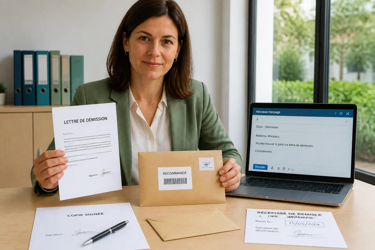 Lettre de démission dans la fonction publique territoriale signée par un agent, avec enveloppe recommandée, récépissé et courriel.