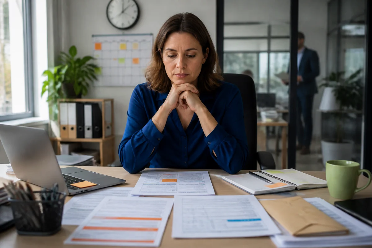 Salariée préoccupée à son bureau, entourée de documents et preuves liés à une lettre de démission forcée par l’employeur