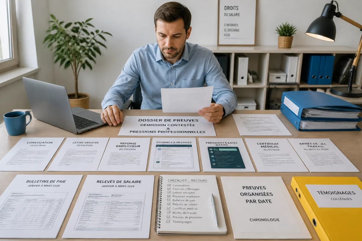 lettre demission forcee employeur preuves recours 4db6 1 Salarié rassemblant des preuves pour contester une lettre de démission forcée par l’employeur.