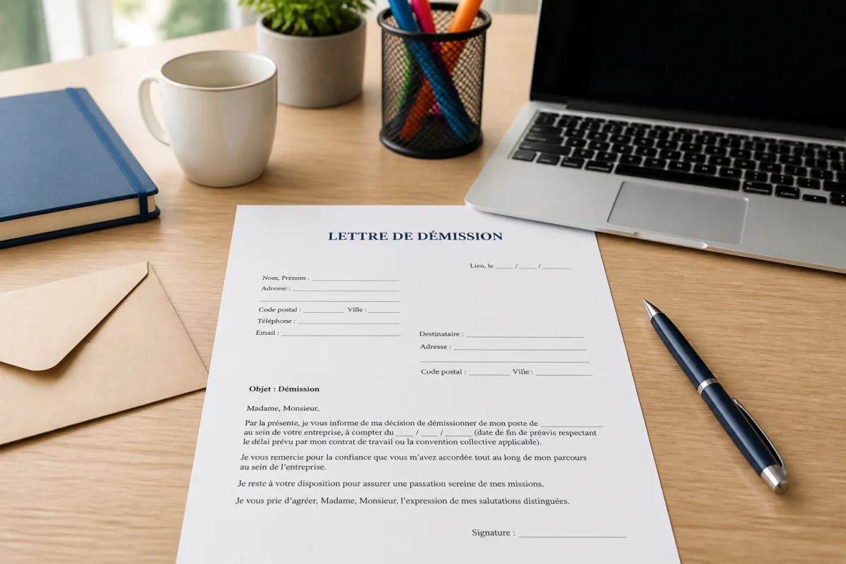 Lettre de démission pour mauvaise ambiance en rédaction, stylo, enveloppe et fournitures sur bureau professionnel lumineux