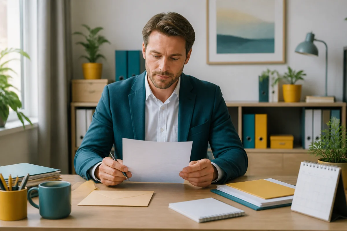 Agent public relisant une lettre de démission pendant une disponibilité, assis à son bureau avant de la signer.