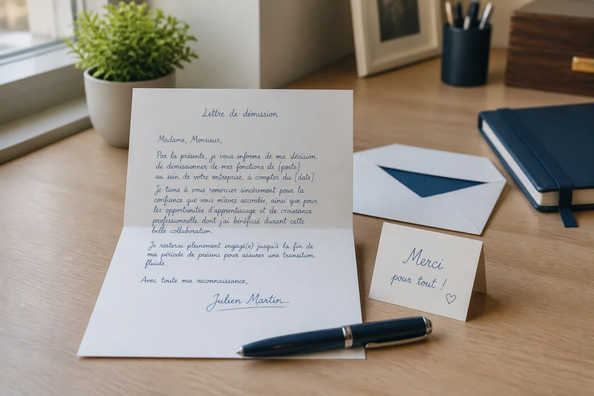 Lettre de démission touchante manuscrite avec stylo élégant, note de remerciement et enveloppe ouverte sur un bureau chaleureux.