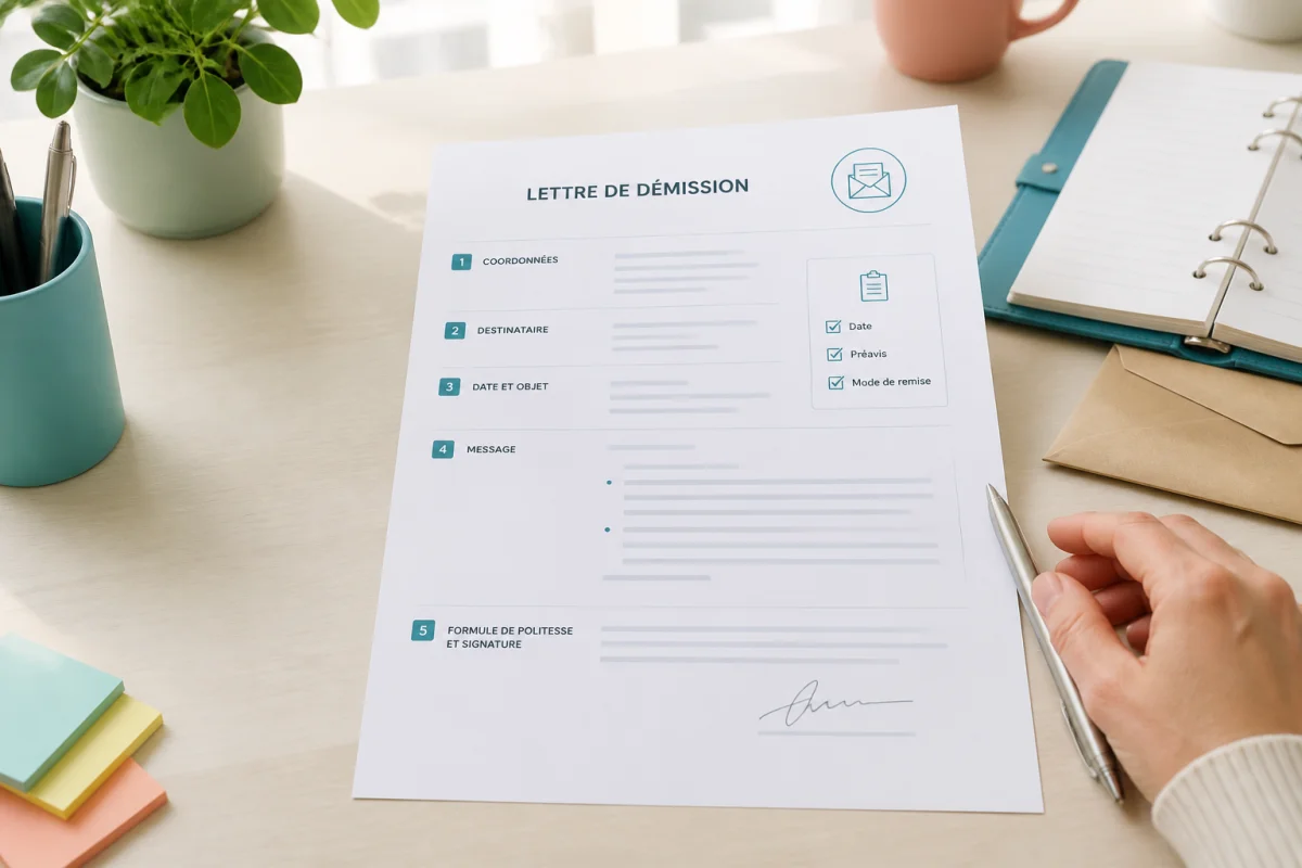 Lettre de démission touchante structurée en cinq rubriques, avec stylo, enveloppe et checklist sur un bureau lumineux