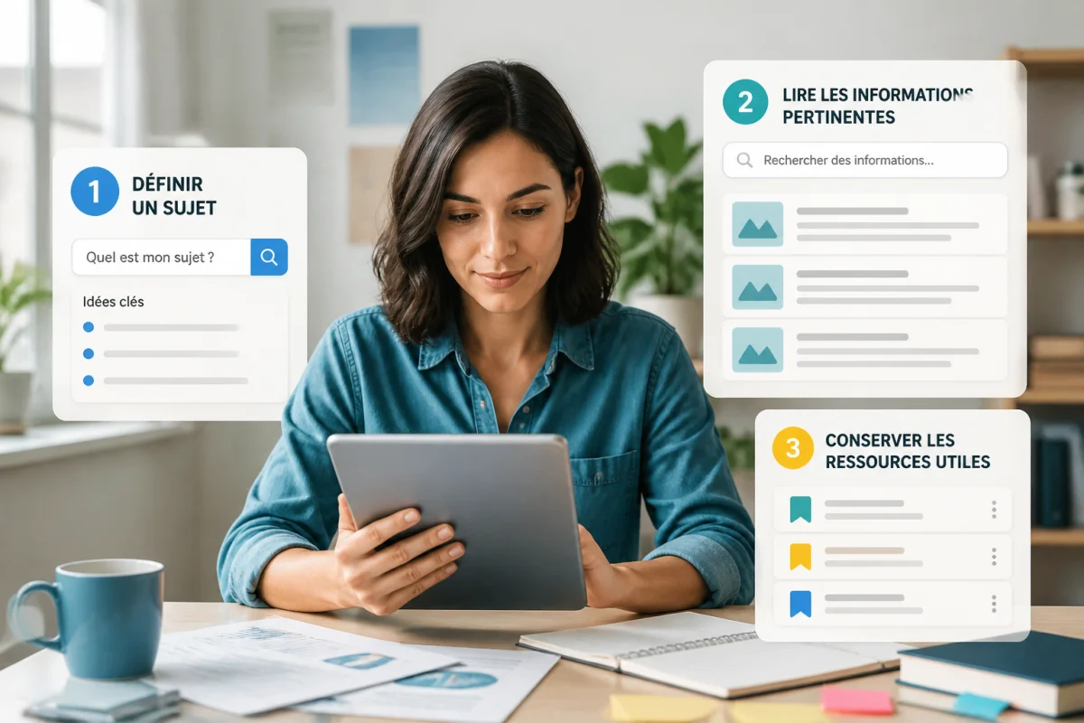 Personne consultant une tablette pour organiser une recherche en trois étapes : définir, consulter et conserver des ressources.