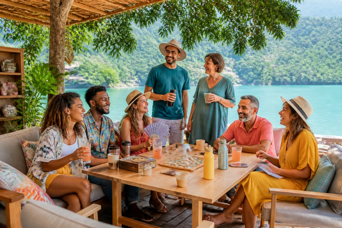 Collègues souriants autour d’une table au bord d’un lac pour organiser un team building estival convivial et inclusif