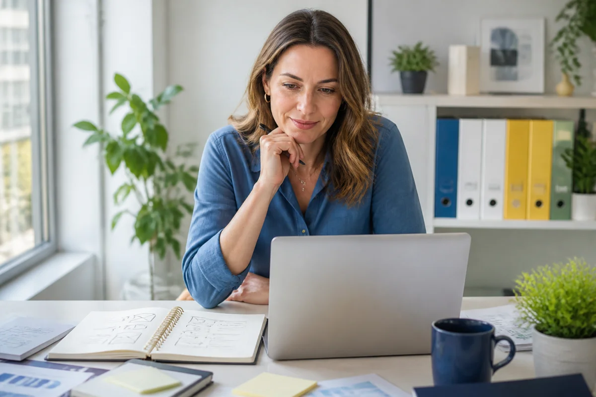 Oselia Pro : professionnelle organisant ses idées et questions devant un ordinateur dans un espace de travail moderne