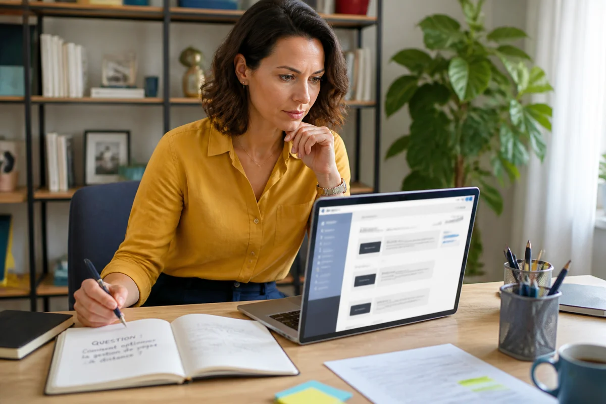 Professionnelle consultant Oselia Pro sur ordinateur, carnet de notes ouvert dans un espace de travail lumineux et organisé