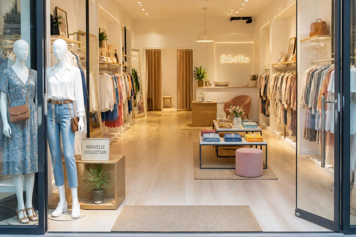 Boutique de mode lumineuse avec portants, nouveautés, cabines d’essayage et comptoir, illustrant comment ouvrir une boutique de mode