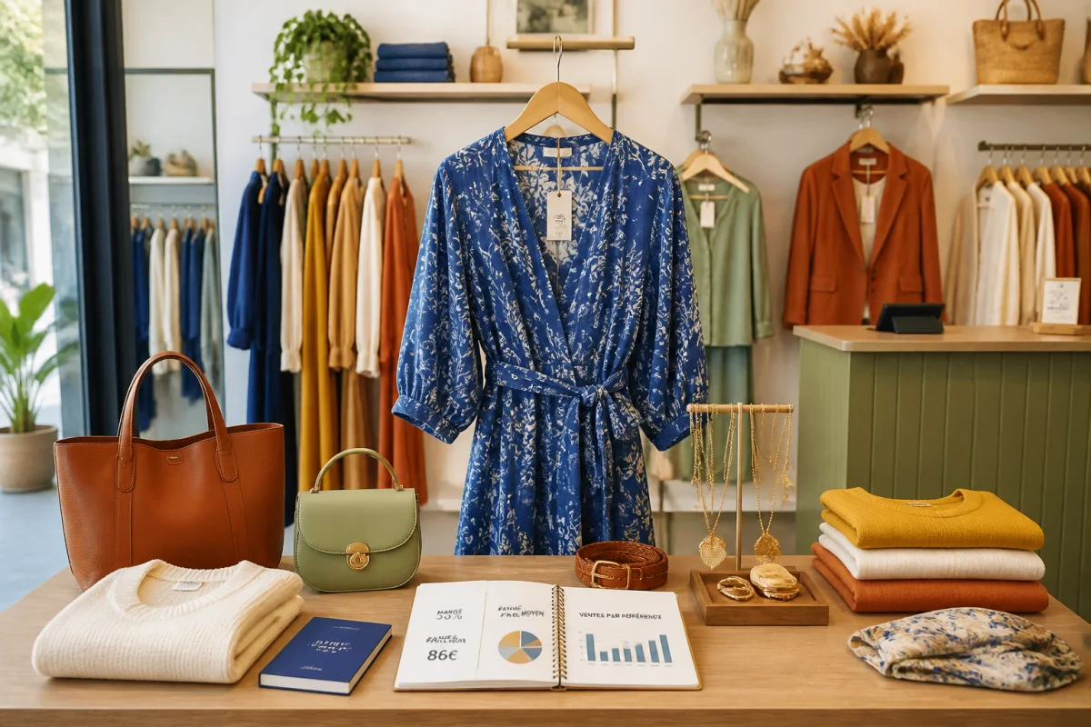 Présentoir organisé pour ouvrir une boutique de mode, avec vêtements, accessoires et carnet d’indicateurs commerciaux.