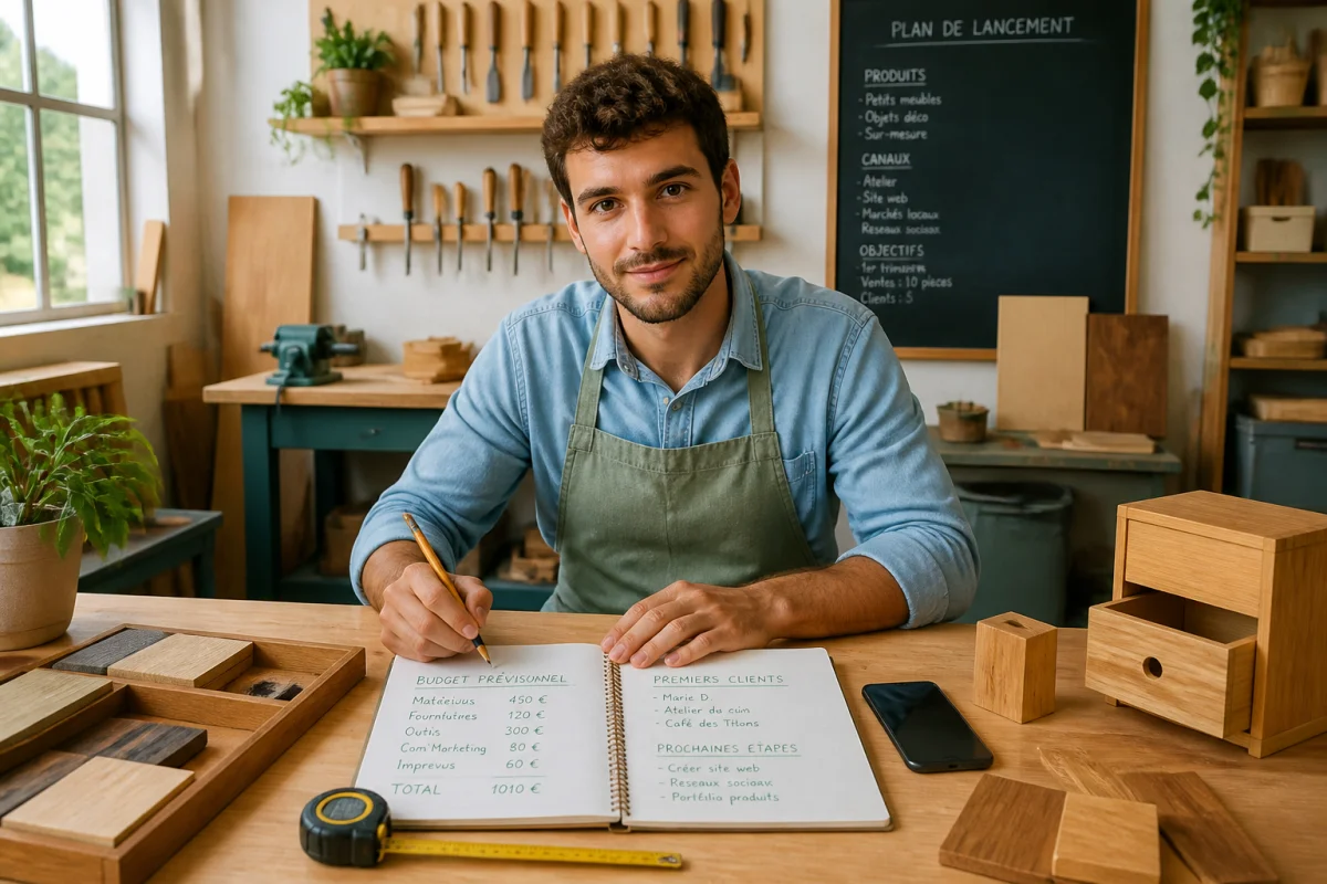 Artisan préparant à ouvrir une entreprise artisanale dans son atelier de menuiserie, carnet de projet et outils sur l’établi
