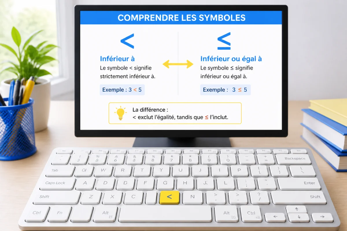 Clavier affichant le signe inférieur « < » et le symbole inférieur ou égal « ≤ », avec explication mathématique à l’écran