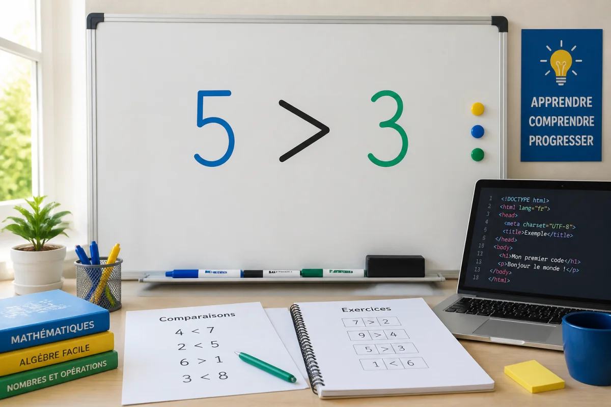 Tableau pédagogique montrant clairement l’expression mathématique « 5 > 3 », avec le signe supérieur mis en évidence.