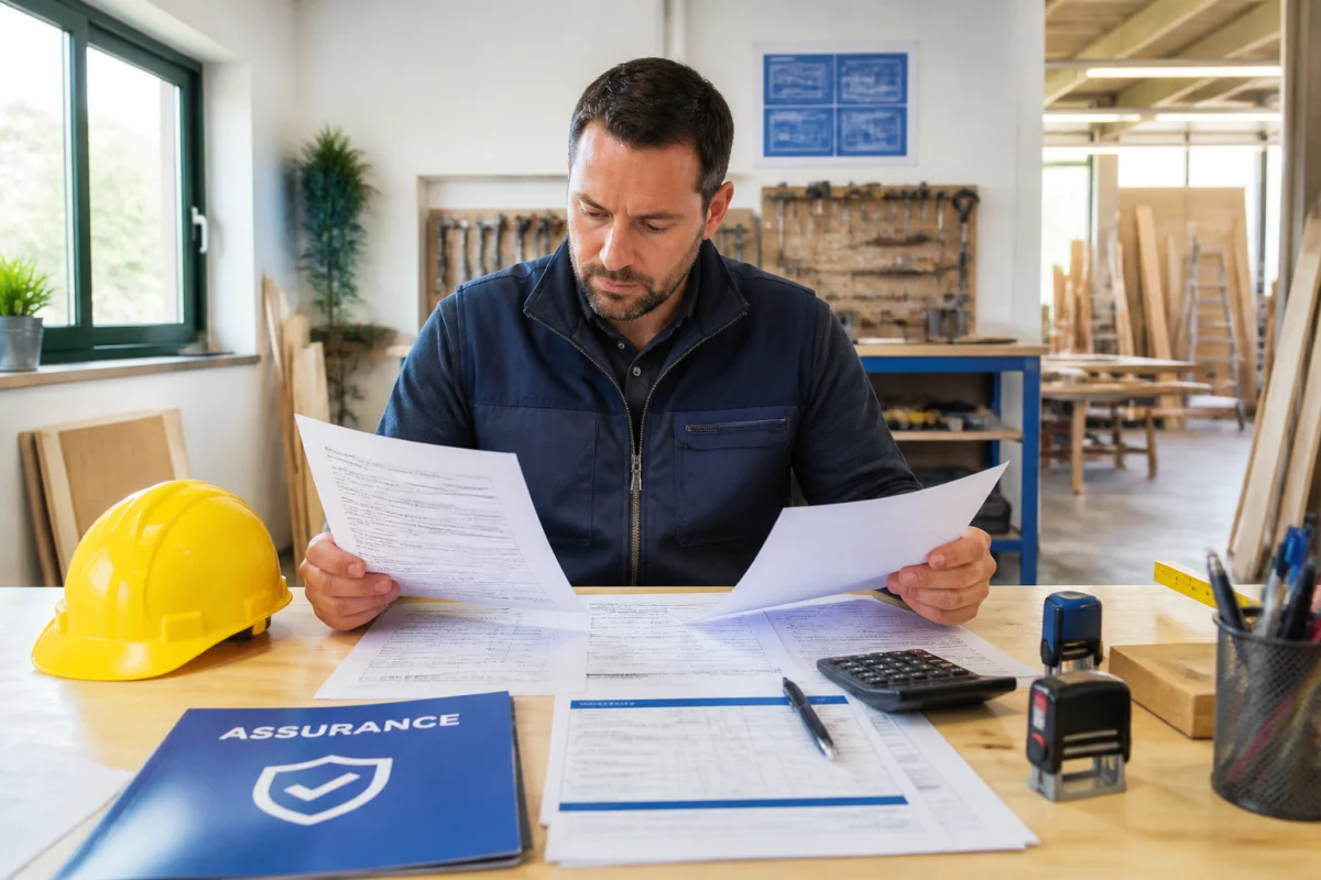 statut juridique artisan choix 14ec 1 Artisan examinant un contrat d’assurance, un devis et une facture pour choisir son statut juridique professionnel