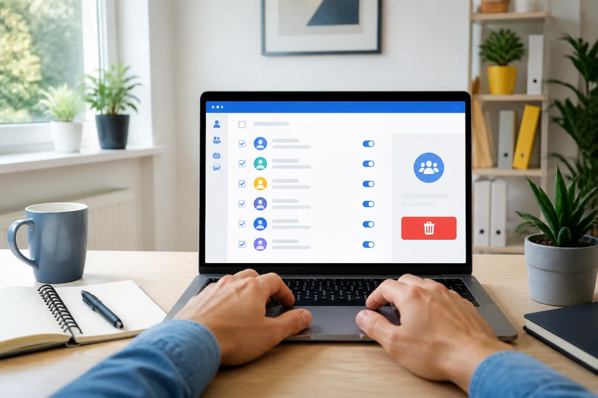 Personne utilisant un ordinateur pour supprimer un contact Messenger depuis une interface de gestion générique