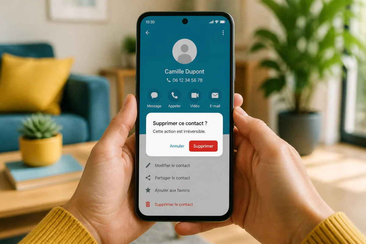 Smartphone affichant une confirmation pour supprimer un contact Messenger, tenu à deux mains dans un salon lumineux