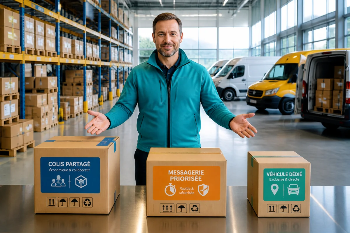 Responsable logistique présentant trois options de transport urgent pour entreprises sur un quai d’expédition moderne