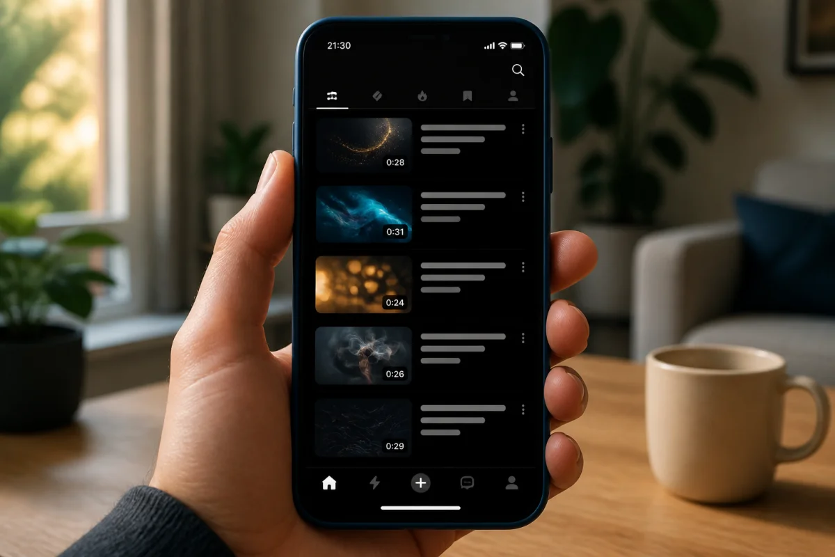 Smartphone affichant TikTok en mode sombre, tenu par une main dans un salon contemporain éclairé naturellement