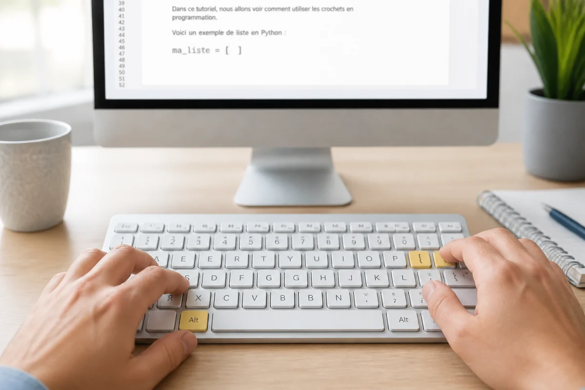 Mains saisissant facilement des crochets sur un clavier Mac, avec raccourcis mis en évidence et éditeur de texte en arrière-plan