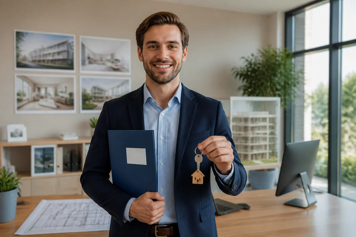 Jeune agent immobilier souriant présentant un dossier de formation et une clé dans un bureau moderne, illustrant le BTS NDRC