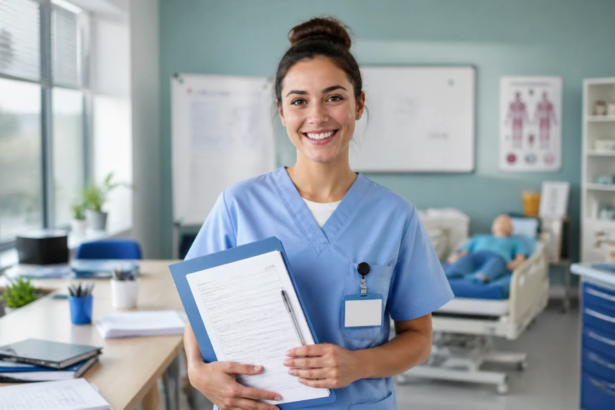 Future aide-soignante souriante tenant un dossier d’inscription dans un institut de formation en soins lumineux