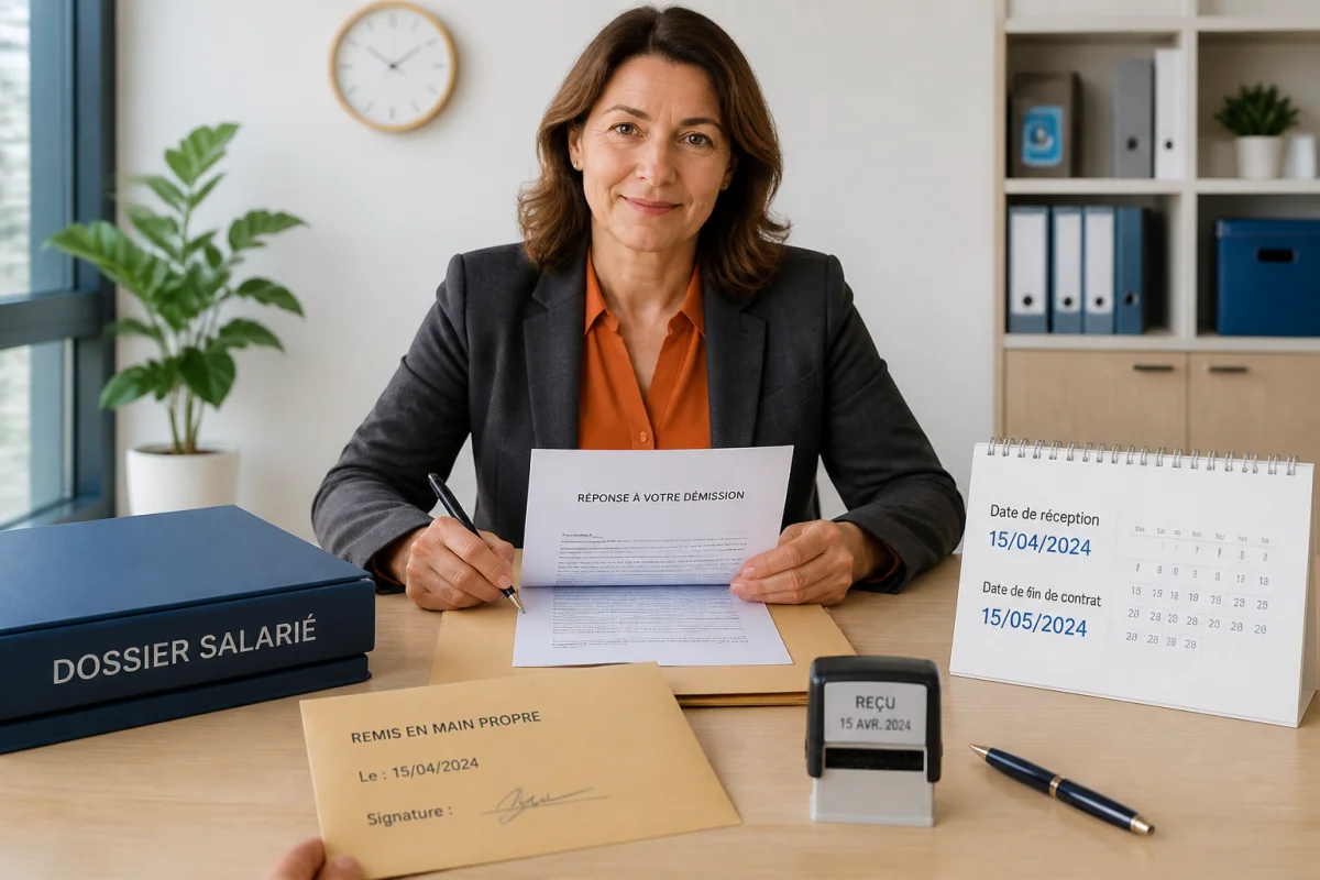 Employeur rédigeant une lettre de réponse à une démission, avec dates de réception et de fin de contrat.