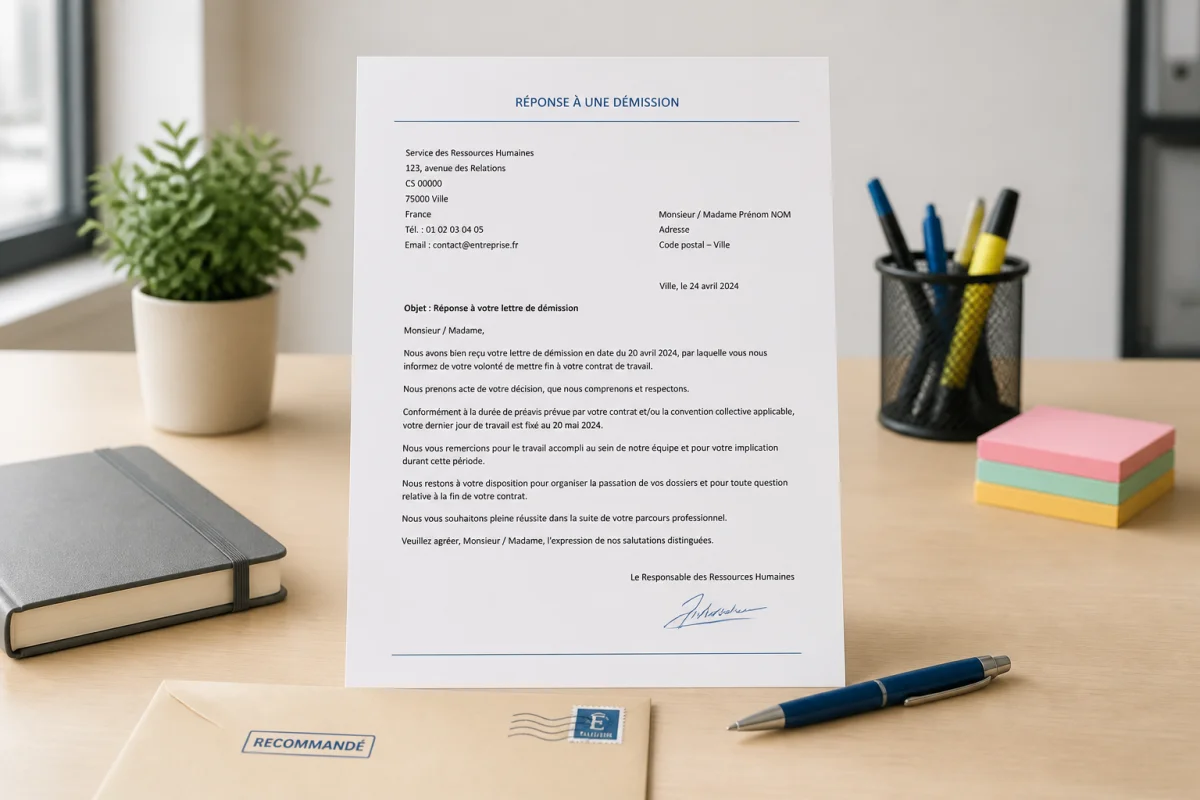 Lettre de réponse à une démission posée sur un bureau administratif, accompagnée d’un stylo et d’une enveloppe recommandée.