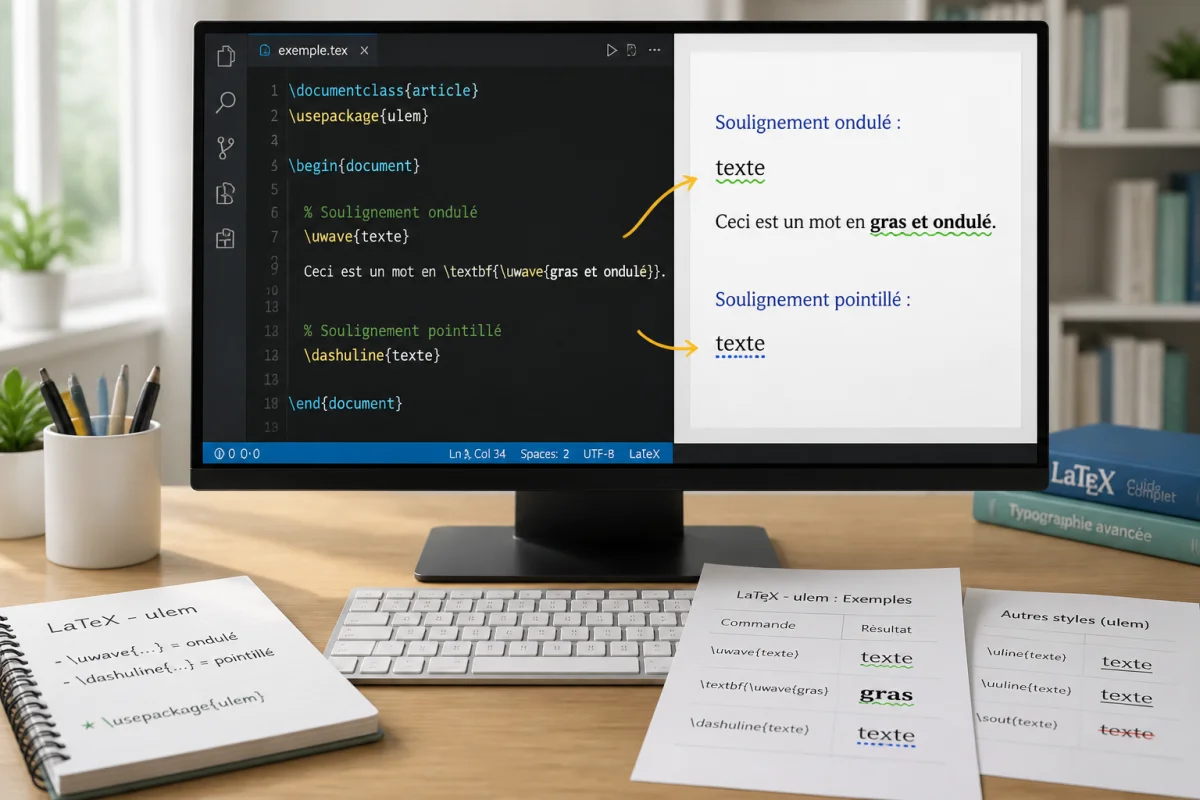 Écran affichant les commandes LaTeX \uwave et \dashuline pour souligner différentes parties de texte novitads