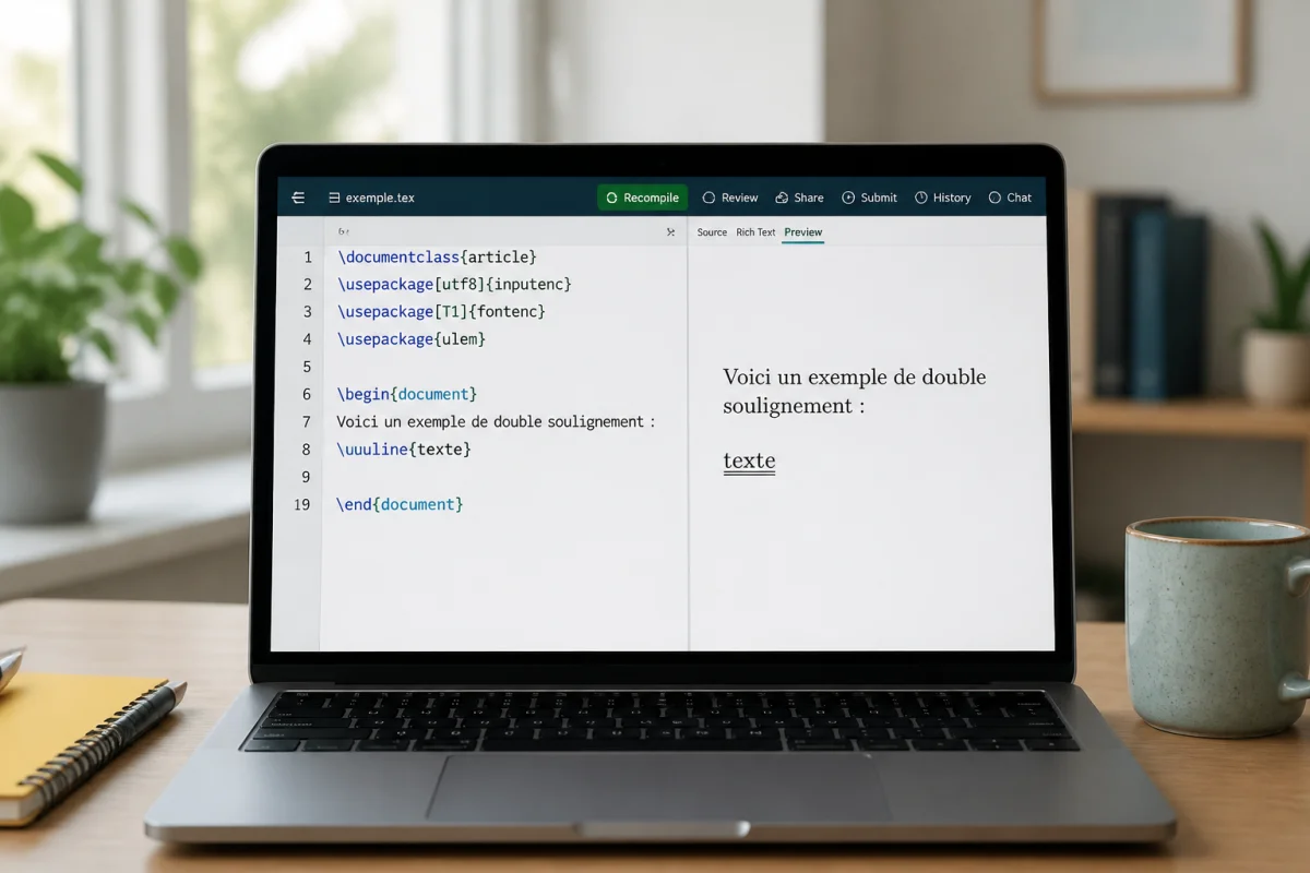 Écran affichant un éditeur LaTeX avec le package ulem et la commande \uuline{texte} en double soulignement